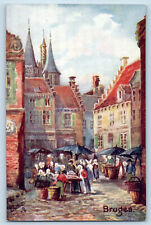 Bruges Belgium Postcard Quiet Street Antiquated Buildings c1910 Oilette Tuck Art picture