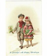 Victorian Trade Card Girl Boy 1890's Christmas Holly Knickers Snow Coats picture