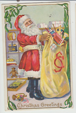 Christmas Greetings,  Red Coat Santa, Bag Of Toys, Pre-Linen  Postcard, Embossed picture
