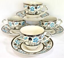RARE Empire England Teacup Saucer Porcelain Blue White & Platinum Floral (1-set) picture