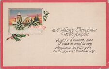 Holiday~Hearty Christmas Wish 4 You~Wintry Cottage & Holly Twig~Vintage Postcard picture