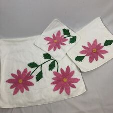 Vtg GORGEOUS Sears Harmony House White Bath Towel Set - Pink Floral Embroidery picture