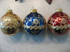 Vintage Lot of 3 Multi-Colored Glass Christmas Ornaments with Applique 2.75