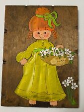 Vintage 1960s Hand-painted Wooden Plaque Redhead Flower Girl Signed Bobbi picture