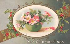 1913 New Year Postcard of Holly by Vase of Pretty Pink Wild Roses picture