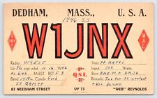 QSL CB Ham Radio W1JNX Dedham Massachusetts Vtg Norfolk County MA 1946 Card picture