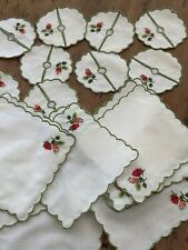 12 VTG Cocktail Napkins Embroidered Strawberries 12 Wine Glass Covers Scalloped picture