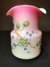 Antique Mt Washington Burmese Uranium Pink Hand Enameled Flowers Vase Approx 5” picture