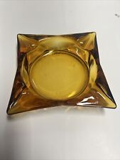Vintage Amber Gold Colored Cigar Ashtray Star Burst MCM Madmen 6” X 6” Cut Glass picture
