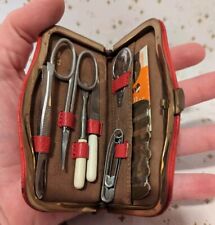 Vintage Travel Nail Manicure Sewing Kit Red Faux Leather Case MCM Germany  picture
