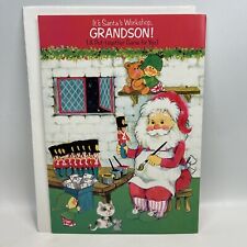 Vtg Grandson Christmas Greeting Card Santas Workshop Play Card Envelope Large picture