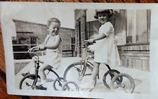 ANTIQUE BLACK & WHITE PICTURE 2 SMALL CHILDREN RIDING TRICYCLES picture
