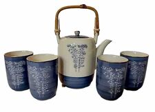 Vintage Tachikichi Japanese Porcelain Tea Set Teapot 4 Cups Bamboo Blue White picture