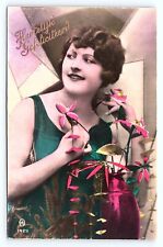 c1915 Beautiful Lady with Flowers Congratulations ? Made in France Postcard B20 picture