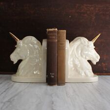 Rare Vintage Ceramic Unicorn Bookend Pair of Two, Gold Horns. picture