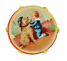 c1890's Stock Trade Card Die-Cut Tambourine, Boy & His Dog With Hat picture