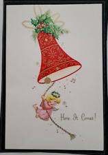 1950s Vtg CHRISTMAS Angel GIRL in PINK Dress Swings on Bell HERE IT COMES CARD picture