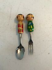 VINTAGE STAINLESS STEEL ASIAN HAND PAINTED WOOD HANDLE KIDS CHILDS FORK SPOON picture