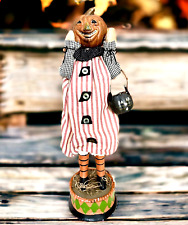 Halloween Rustic Folk Art Jack O Lantern Pumpkin Man w/Trick or Treat Cat Bucket picture