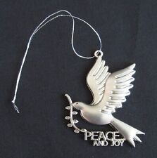 PEACE AND JOY SILVER TONE METAL CHRISTMAS ORNAMENT FLYING DOVE WITH OLIVE BRANCH picture