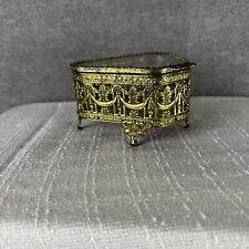 Vintage 3 Sided Or moly Gold Footed Trinket With Glass Lid Rare Find picture