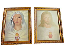 Vintage Sacred Heart of Jesus Immaculate Sacred Heart of Mary Ornate Glass Frame picture
