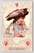 1910 Valentine Victorian Lady Writing Love Letter Fancy Hat Antique Art Postcard picture