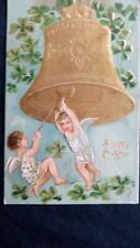 1908 New Year Postcard German Marked Embossed Gold bell clovers angel-children picture