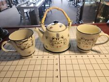 Kutani Yaki Ware Japanese Teapot Happy Cats w/ Matching Cups picture