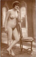 aa French full nude woman Standing by a chair original old 1910s photo postcard picture
