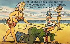 Comic Postcard Risque Pinup Two Sexy Women Beach Man Wearing Dog Collar 1940s VJ picture