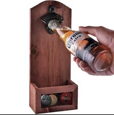 25x Wooden Wall Mounted Bottle Opener with Cap Catcher - Rustic Beer Lover Gift picture