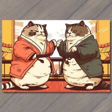 POSTCARD Two Adorable Cats Playful Sumo Wrestling Match Cartoon 🐱💪🎨 picture