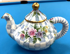 Excellent Vintage Mackenzie Childs Honeymoon Morning Glory Blue Checkered Teapot picture