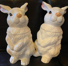 Vintage Set of 2 World Bazaars White Bunny Rabbit Cookie Jars 11.5” Height x 6” picture