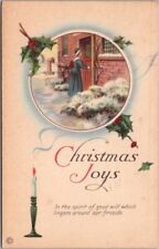Vintage CHRISTMAS JOYS Greetings Postcard Pilgrim Woman at Door / STECHER 756A picture