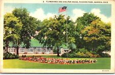 OH Warren, Packard Park, Flower Bed Shelter House Flag, Linen, Posted 1936 picture