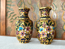 Pair of Vintage Chinese Oriental Champleve Cloisonne Brass Floral Mini Bud Vases picture