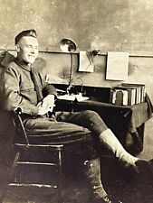 U3 Photograph 1910-20's Handsome Man Portrait Legs Crossed Sitting At Desk Cute  picture