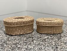 Vintage Set Of 2 Oval Woven Seagrass Nesting Baskets With Lids picture
