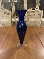 Vintage 14” Blue Blenko Handcraft Glass Vase Dual Handle New Made In USA picture