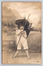 c1907 RPPC Adorable Kid Barefoot Studio Photo Hat Floral RARE ANTIQUE Postcard picture