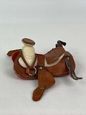 Vtg Miniature Horse Saddle Western Tooled Leather Model Toy Red Felt Bottom picture