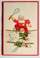 Vintage 1950s Santa Playing Tennis With Two Elves Cleo Christmas Card CUTE picture