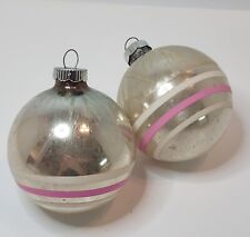 Vtg Shiny Brite Silver Crystalized Top Glass Ornaments Set Of 2 Pink Stripe 3