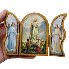 Our Lady of Fatima Nativity With Angels Foiled Wooden Icon Triptych 5 Inch picture