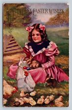 Best Easter Wishes Girl In Dress Plays With Bunnies & Chicks VINTAGE Postcard picture
