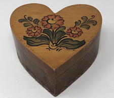 Vintage Wood Trinket Box Heart Shape Hand Painted Signed Swivel Lid Farmhouse picture