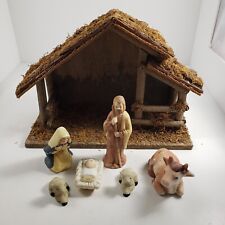Nativity Scene Ceramic 6 piece Set & Wooden Stable In Box picture