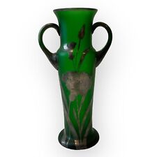 Antique ART NOUVEAU GLASS VASE Early 1900s Emerald Green w/ Silver Resist Floral picture